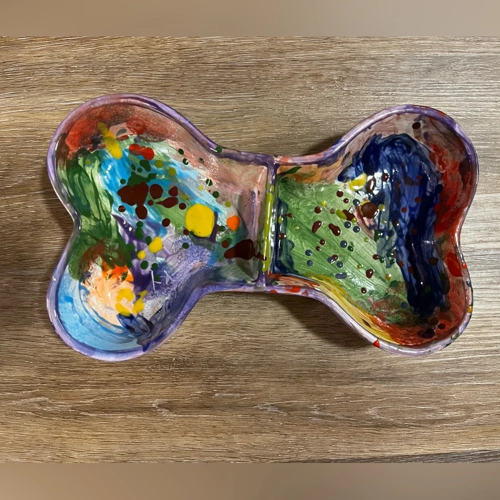 Handmade Pottery Dog Bowl Double Dish Art Ceramic Colorful Unique Signed 2022